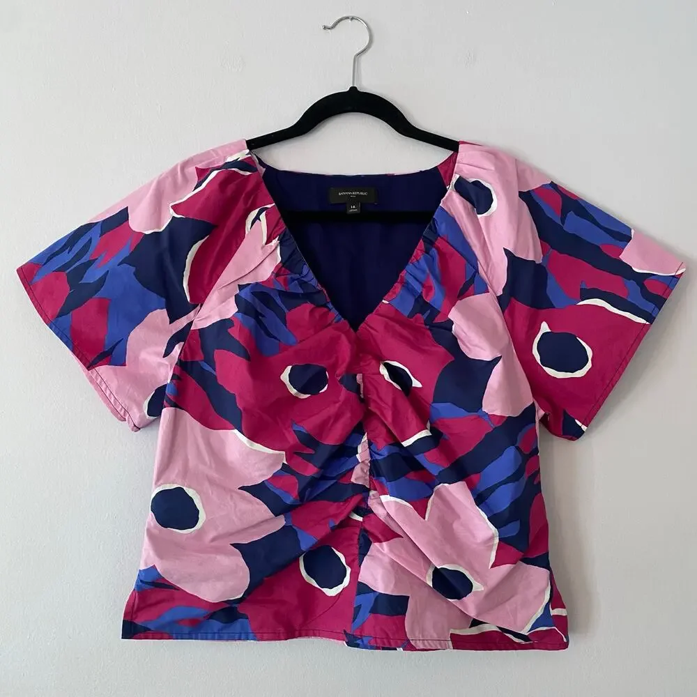 Banana Republic Poplin Blouse Pink Blue Floral Puff Sleeve Vneck Short Sleeve 14